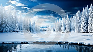 Beautiful winter landscape with snow covered trees and blue sky with clouds. Dramatic wintry scene