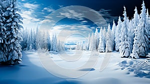 Beautiful winter landscape with snow covered trees and blue sky with clouds. Dramatic wintry scene