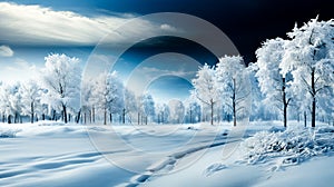 Beautiful winter landscape with snow covered trees and blue sky with clouds. Dramatic wintry scene