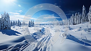 Beautiful winter landscape with snow covered trees and blue sky. Panorama