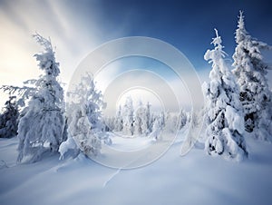 Beautiful winter landscape with snow covered trees. Dramatic wintry scene. Made with Generative AI