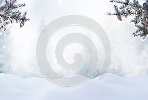 Beautiful winter landscape with snow covered trees.Merry Christmas and happy New Year greeting background with copy-space