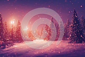 Beautiful winter landscape with snow covered trees and road. Christmas background. Generative AI