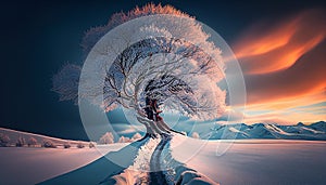 beautiful winter landscape with snow in a lonely tree . AI generated