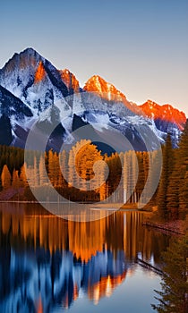 Beautiful winter landscape with snowed mountains and trees reflections