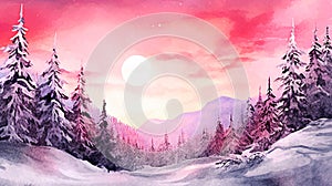 Beautiful winter landscape with snowy fir trees. Watercolor illustration. Selective focus