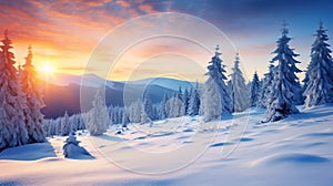 beautiful winter landscape with snowy mountains and fir tree forest, slope with snow scenery, in style of purple and