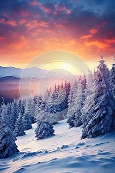 beautiful winter landscape with snowy mountains and fir tree forest, slope with snow scenery, in style of purple and