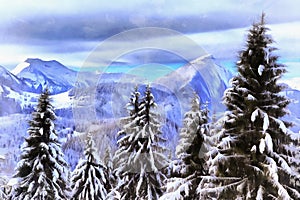 Beautiful winter landscape with snowy trees