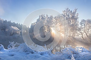 Beautiful winter landscape at sunrise. Amazing snowy nature scene on river side with bright sun rays