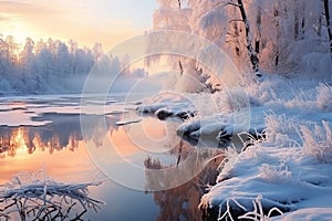 Beautiful winter landscape at sunset. Sun's rays shine through orange-pink-violet sky. A clear mirror lake surrounded