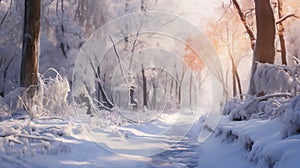 beautiful winter landscape, a trail in a snow covered forest, tree branches with hoarfrost, bright sunlight and beautiful