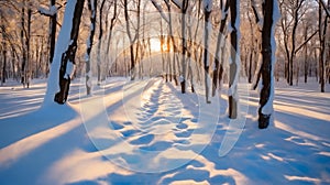 beautiful winter landscape, a trail in a snow covered forest, tree branches with hoarfrost, bright sunlight and beautiful