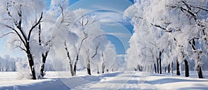 Beautiful winter landscape with trees covered with hoarfrost and snow