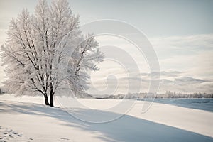 Beautiful winter landscape with trees covered with hoarfrost and snow
