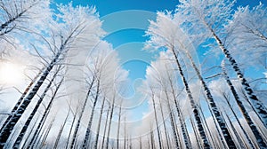 Beautiful winter landscape with trees in hoarfrost and blue sky