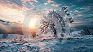 Beautiful winter landscape with trees in hoarfrost in the mountains at sunset