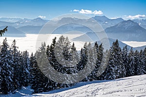 Beautiful winter landscape. View from a mountain (Spitzstein) on the German-Austrian border of a blanket of fog. In the foreground photo
