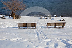 Beautiful Winter Landscape with Winter forest under the snow with foot print