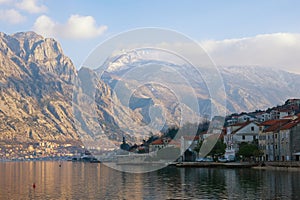 Beautiful winter Meditarranean landscape . Montenegro, view of Bay of Kotor, Lovcen mountain and Prcanj town photo