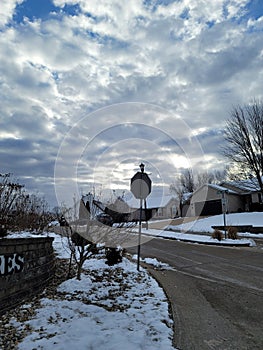 Beautiful Winter Morning in A Small Town Subdivision Entrance in America