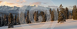 Beautiful winter mountain landscape at sunrise