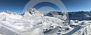 Beautiful winter mountain panorama above Partnun with a view of the Sulzfluh,Wiss Patte and Schijenflue mountains. Skimo