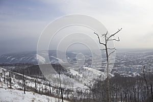 beautiful winter mountains. View on the town and river. Zhiguli mountains