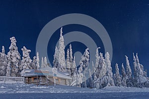 Beautiful winter night landscape in Lapland, Riisitunturi National Park