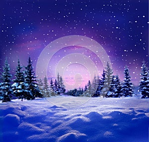 Beautiful winter night landscape with snow covered trees.Christ
