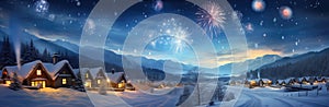 Beautiful winter panorama with snow covered mountain village and fireworks