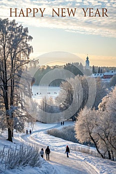 Beautiful winter panorama with snow-covered trees photo
