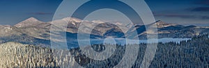 Beautiful winter panoramic landscape of mountains with snow covered trees. Gorgany is a mountain range in Eastern Carpathians.