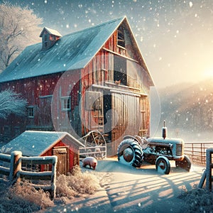 Beautiful Winter Scene Red Wooden Barn Farming Corral Pigs Chickens AI Generated