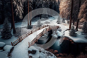 Beautiful winter scene with stream and old wooden bridge