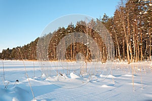 Beautiful winter scene. Sunset at the frozen lake covered with snow