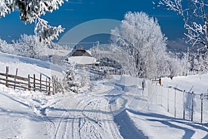 Beautiful winter scenery in a Romanian village