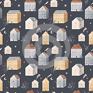 Beautiful winter seamless pattern with hand drawn watercolor cute houses. Stock illustration.