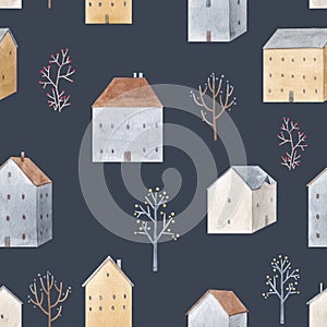 Beautiful winter seamless pattern with hand drawn watercolor cute houses. Stock illustration.
