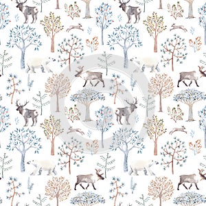 Beautiful winter seamless pattern with hand drawn watercolor cute trees and forest bear fox deer animals. Stock
