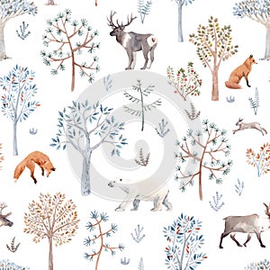 Beautiful winter seamless pattern with hand drawn watercolor cute trees and forest bear fox deer animals. Stock