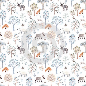 Beautiful winter seamless pattern with hand drawn watercolor cute trees and forest bear fox deer animals. Stock