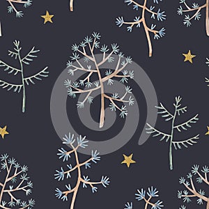 Beautiful winter seamless pattern with hand drawn watercolor cute trees. Stock illustration.