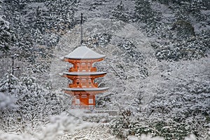 Beautiful winter seasonal of Red Pagoda at Kiyomizu-dera temple surrounded with trees covered white snow background.