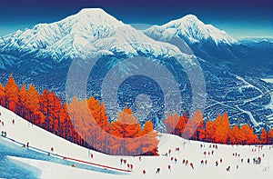 a beautiful winter ski sport poster illustration with mountains, ai generated image