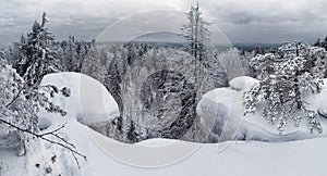 Beautiful winter snowy landscape in the mountainous terrain.