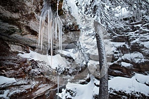 Beautiful winter snowy landscape in the mountainous terrain.