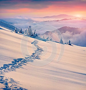 Beautiful winter sunrise in mountains.
