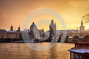 Beautiful winter sunrise view of the skyline of Prague photo