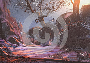 Beautiful winter sunset with fantasy trees in the snow